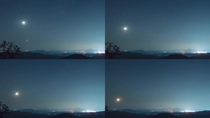 4k视频中的时间流逝。星状排列现象 (土星，月亮，金星，木星) 在山上薄雾笼罩的夜空中，长时间曝光，