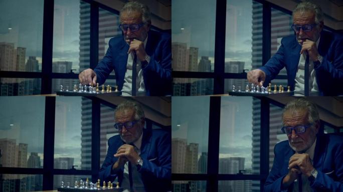 穿着蓝色工作服的4k高级商人首席执行官思考晚上在现代办公室的棋盘游戏上玩金色和银色象棋。管理战略或领