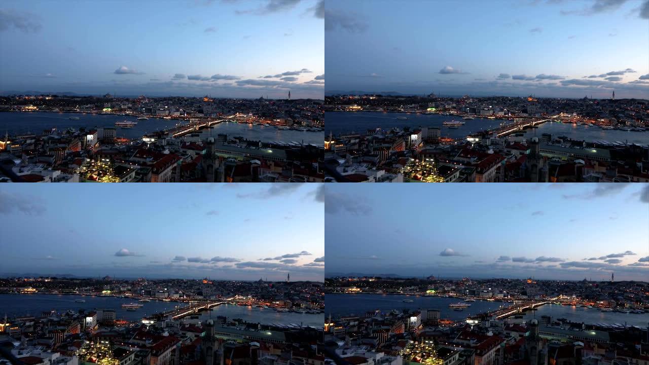 夜架加拉塔桥，美丽的云，浮船。伊斯坦布尔外部