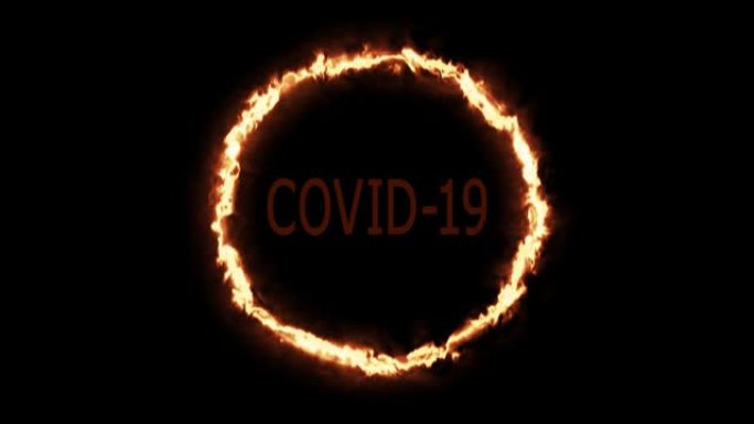 精心制作的文本Covid 19，带有霓虹灯圆圈的黑暗背景上的文本Covid 19的动画