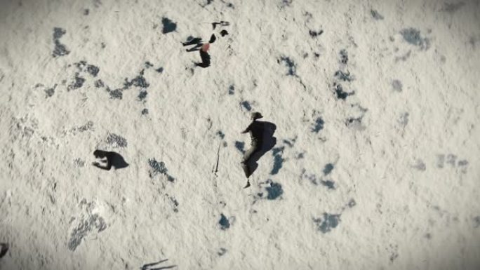 从鸟瞰图上看，士兵的尸体散落在冰雪覆盖的湖面上，4k