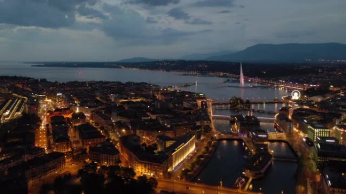 暮光之城夜间照明日内瓦市中心湖滨湾空中全景4k瑞士