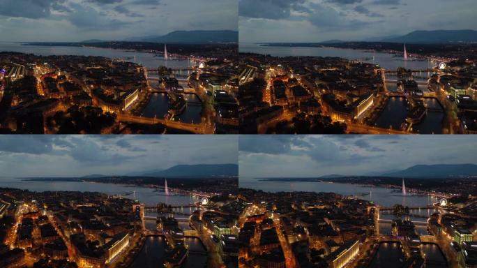 暮光之城夜间照明日内瓦市中心湖滨湾空中全景4k瑞士