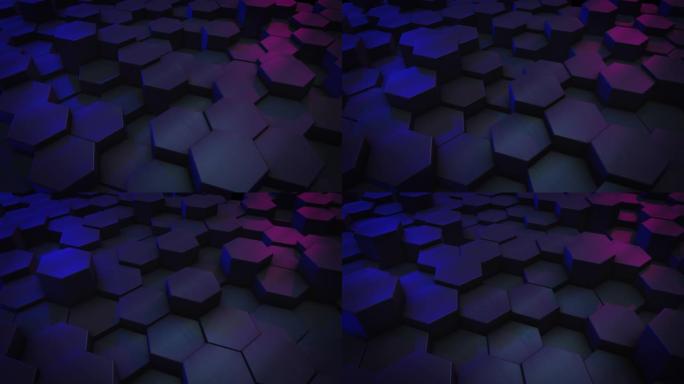 抽象的六角形蓝色和紫色背景。运动图形。几何曲面