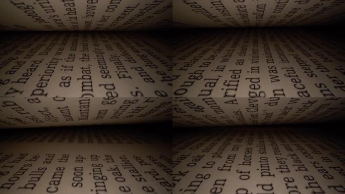 多莉拍摄的相机在书信之间滑动。带有黑色戏剧背景的打开书中的拉丁字母和单词。教育、知识理念