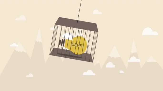 Idea灯泡被关在笼子里，悬在空中 (商业概念卡通)