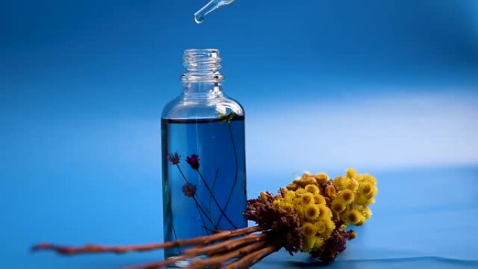 女性手中的滴管玻璃瓶模型，蓝色背景，干花。化妆品移液器上的油滴掉落，