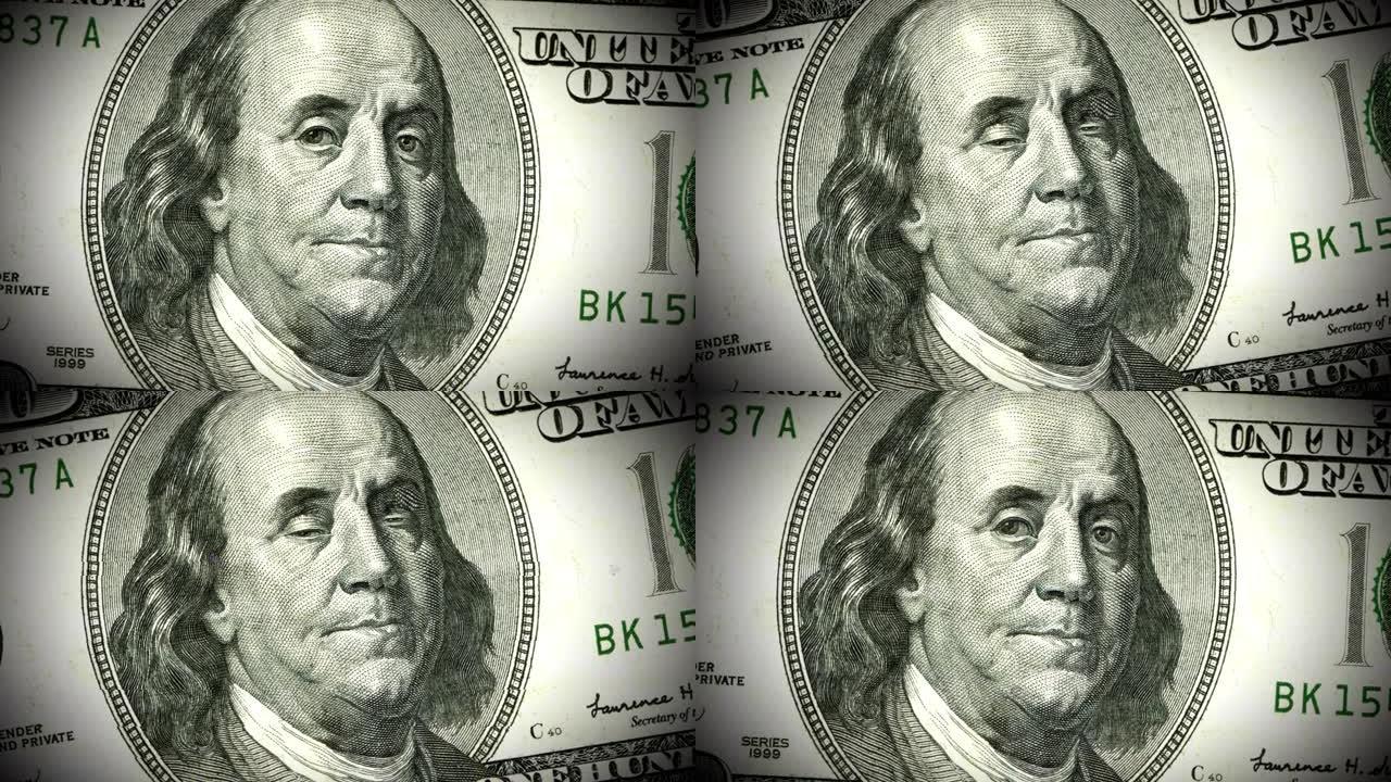本杰明·富兰克林 (Benjamin Franklin) 在美国100美元钞票上看起来可疑-无缝循环