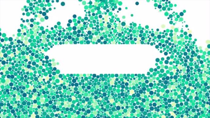 许多绿色和绿松石小球掉落并聚集在白色矩形周围。动画。美丽的圆形气泡落在白色背景上