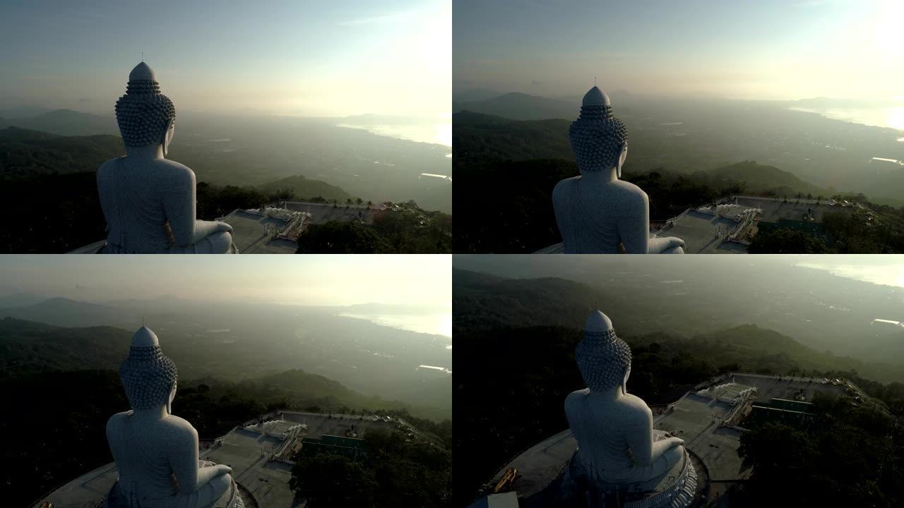 鸟瞰图无人机在泰国普吉岛高山上拍摄大佛像