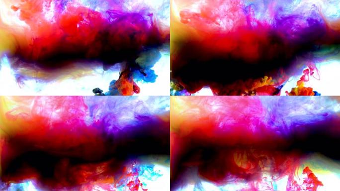 4K，五颜六色的水滴，抽象的颜色混合，墨滴的颜色混合掉在水中的油漆在水中的五颜六色的墨水，4k素材，