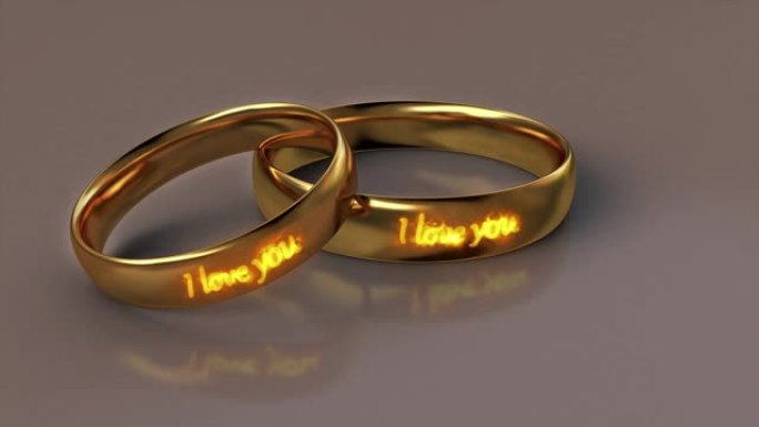 带有火热文字的结婚戒指。我爱你。两个结婚戒指象征着婚姻和爱情。3D渲染