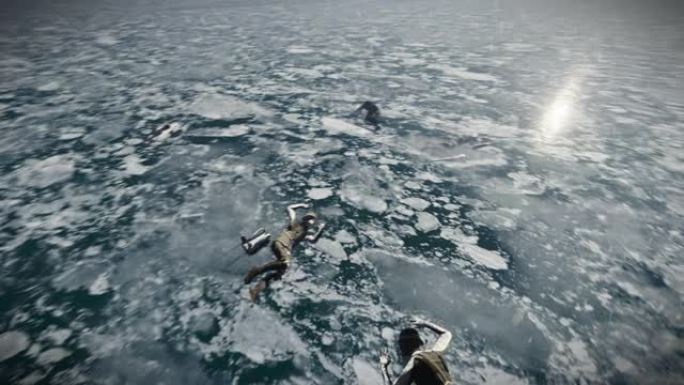 从鸟瞰图上看被困在冰湖里的士兵遗体，4k