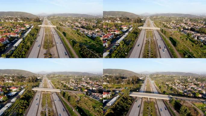 车辆移动的高速公路鸟瞰图。美国加利福尼亚州