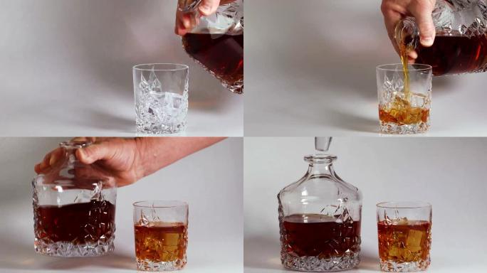 短片显示威士忌被倒入带有白色背景冰的玻璃杯中。美丽的背景。酒精。