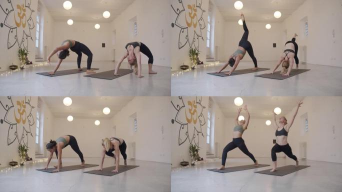 千禧一代女性在瑜伽工作室练习瑜伽的慢动作视频