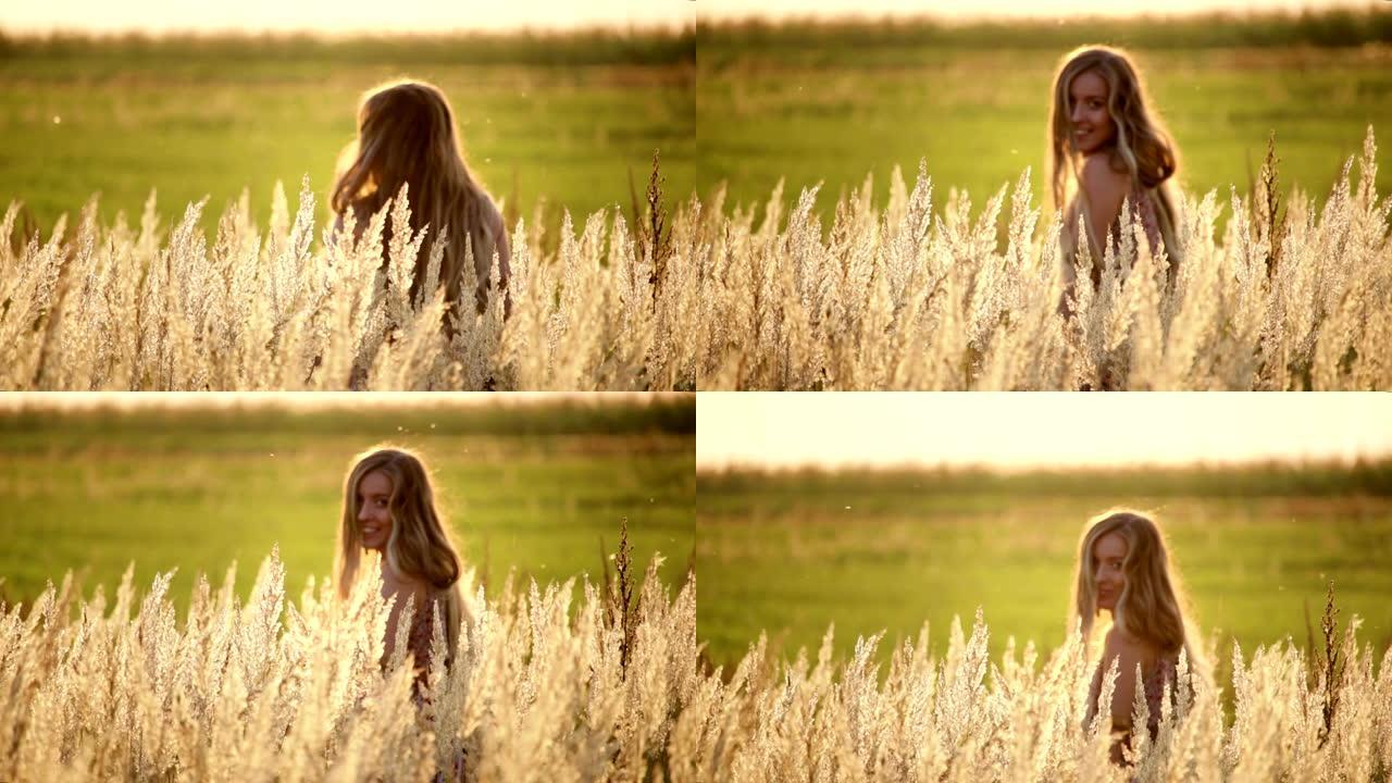 日落时分，一个长发女孩穿着浪漫的夏装在麦穗之间走过金色的田野，慢动作