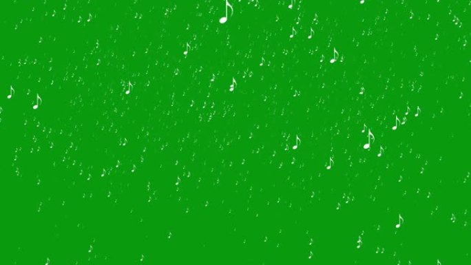 绿色屏幕背景上的白色音乐音符像雪一样落下