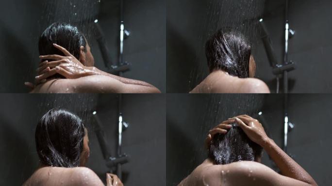 女人洗澡和洗头放松。