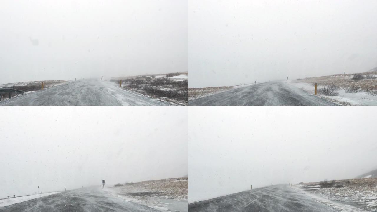 雪灾中的道路野外行车记录第一视角