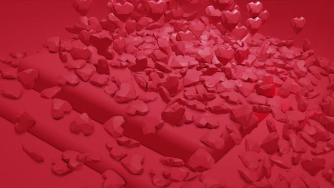 红色魅力落下的多边形心。情人节。活动背景。3D渲染可循环动画4k