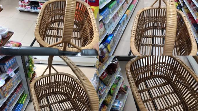 超市用竹篮推车购物，环境储备概念