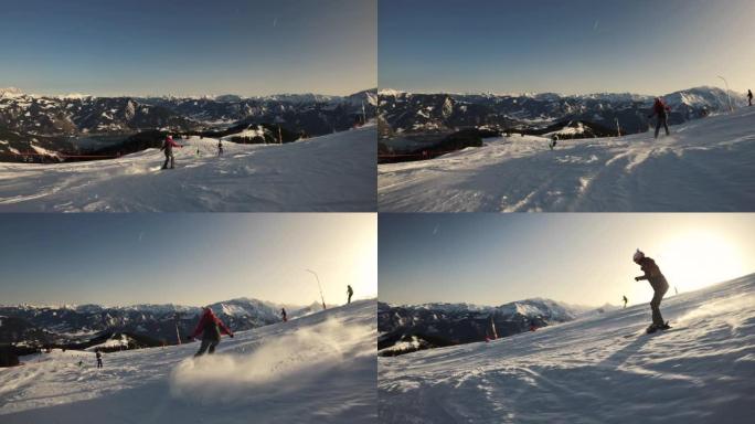 在阿尔卑斯山进行家庭滑雪的少女