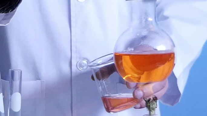 科学家拿着装有化学液体的烧瓶，用实验室玻璃器皿和试管在化学实验室背景，科学实验室研究和发展概念