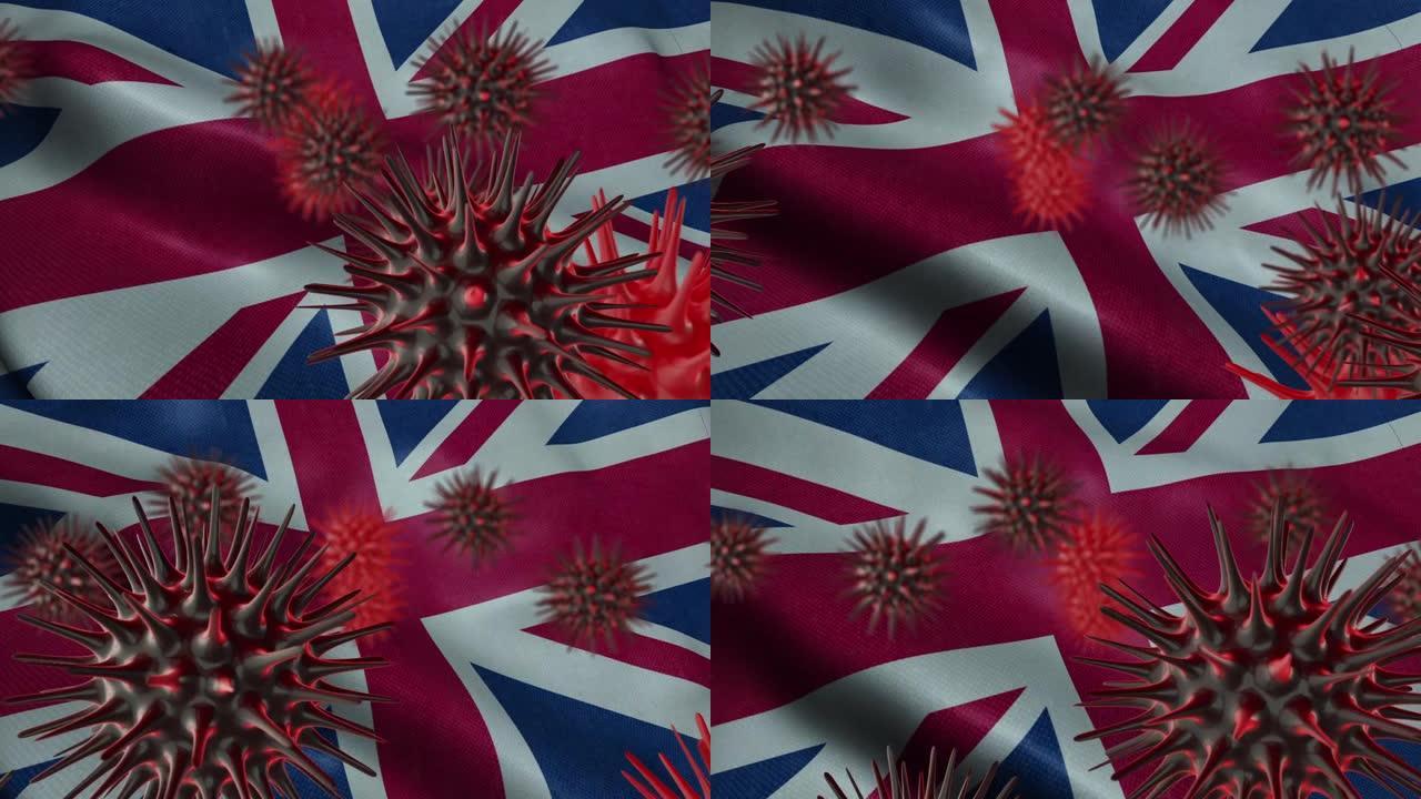 3D在挥舞着的英国国旗上传播冠状病毒疾病