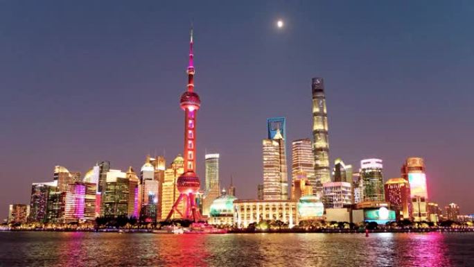 美丽的上海城市景观，日落时蓝天背景，4k镜头，延时视频。