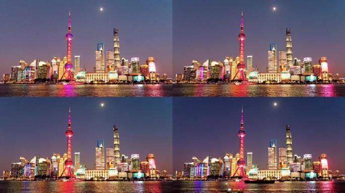 美丽的上海城市景观，日落时蓝天背景，4k镜头，延时视频。