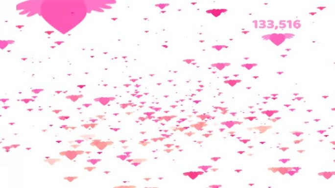百万粉红色的心形翅膀飞翔，并带有伯爵和情人节文字