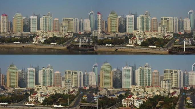青岛市阳光明媚的傍晚步行湾人行天桥空中全景4k中国