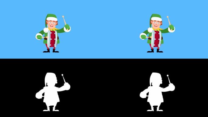 卡通小圣诞老人帮手扁平人物音乐鼓动画带哑光