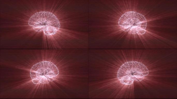 数字大脑由漂浮在黑色空间中的发光粒子制成，并用红色光碟照亮。