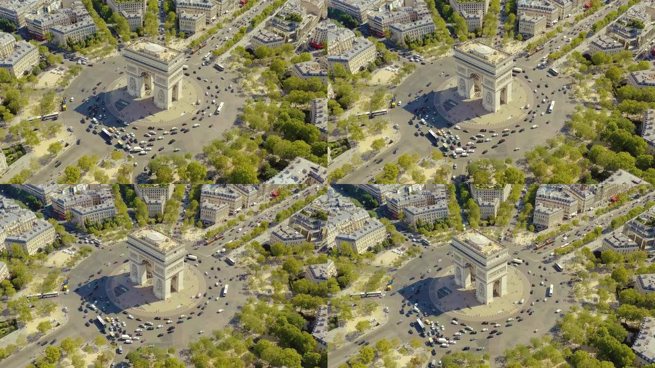 巴黎，法国-5月，2019: 空中无人机视图的凯旋门在历史的城市中心。