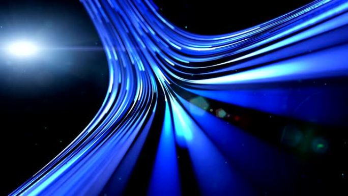 3d渲染。动画飞入辉光白蓝曲线线数字技术。未来技术抽象背景与线为网络，大数据。光线光束效应。