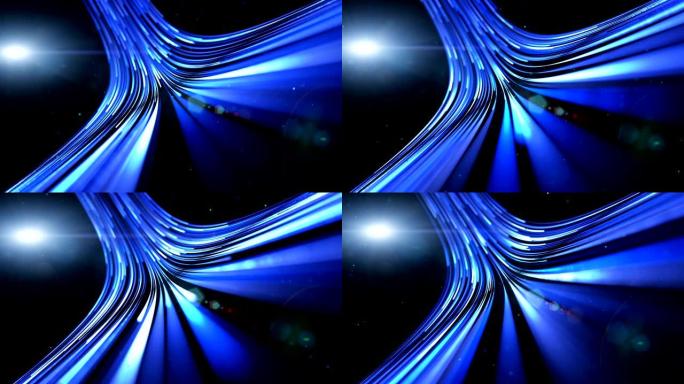 3d渲染。动画飞入辉光白蓝曲线线数字技术。未来技术抽象背景与线为网络，大数据。光线光束效应。