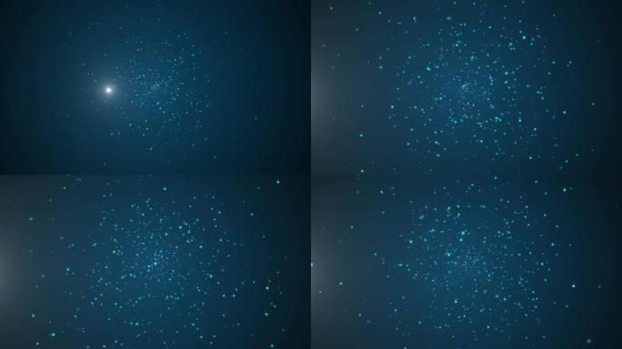 微小的蓝色粒子在太空中聚集，形成新的生命。