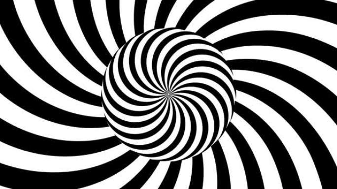 黑白迷幻的视错觉。抽象催眠动画背景。螺旋几何循环。超现实的现代动态背景。3D无缝4k高清动画