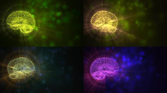 大脑的变化。人类大脑在空间背景中改变颜色，照亮和漂浮的抽象动画。
