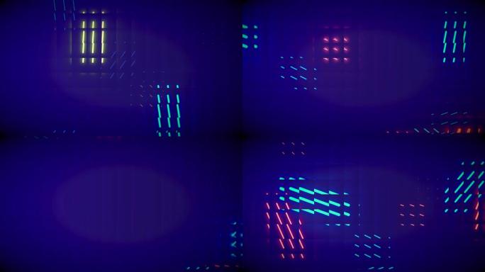 复杂的灯光墙，像电脉冲一样移动，遇到其他粒子，在透明网格效果的幕布后面。