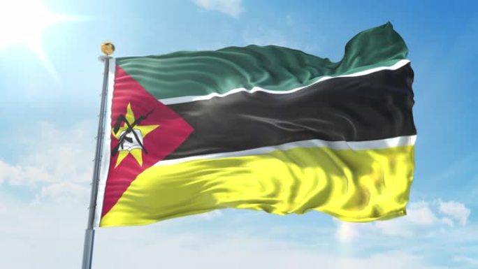 莫桑比克国旗在深蓝色的天空中迎风飘扬。国家主题，国际理念。3D渲染无缝循环4K