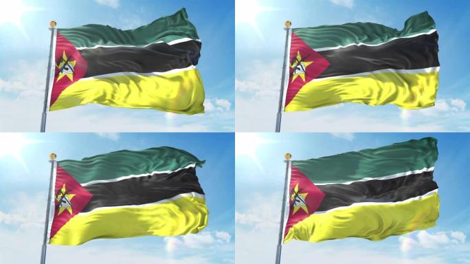 莫桑比克国旗在深蓝色的天空中迎风飘扬。国家主题，国际理念。3D渲染无缝循环4K