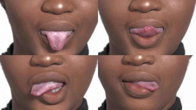 非洲妇女露出舌头的特写照片