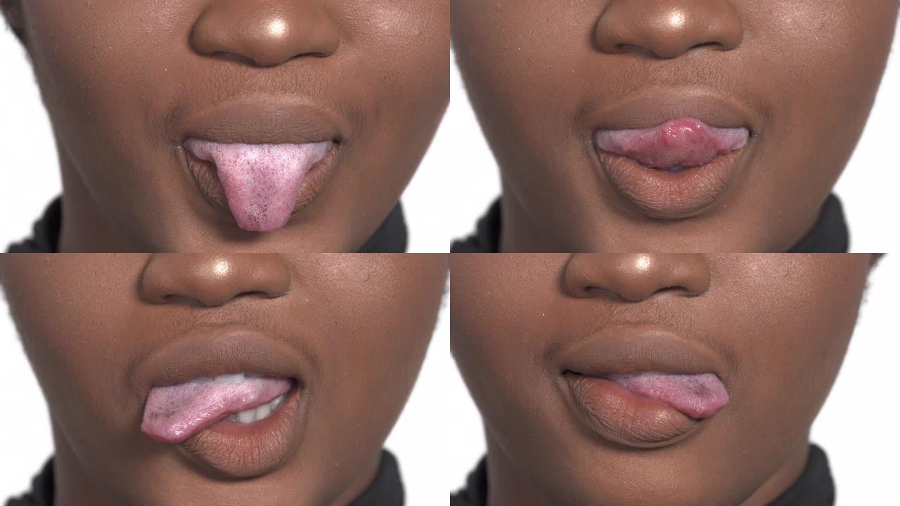 非洲妇女露出舌头的特写照片