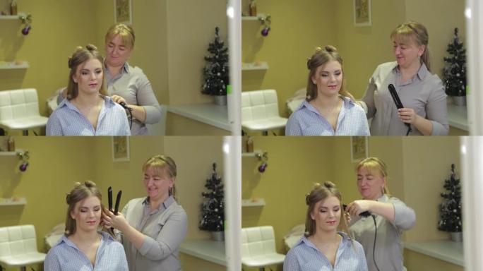 专业理发师为女孩做晚发发型