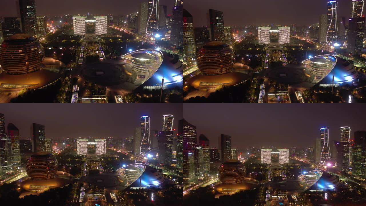 夜间照明杭州市区现代主广场空中全景4k中国