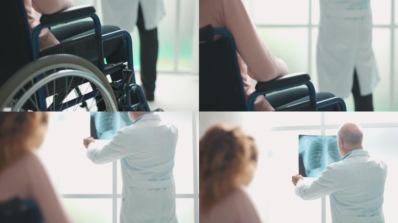 医生检查轮椅上病人的射线照相