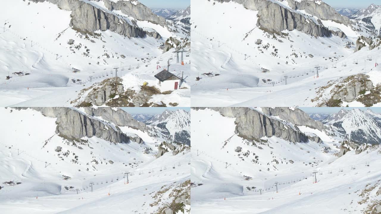 瑞士Leysin附近的滑雪缆车的无人机拍摄